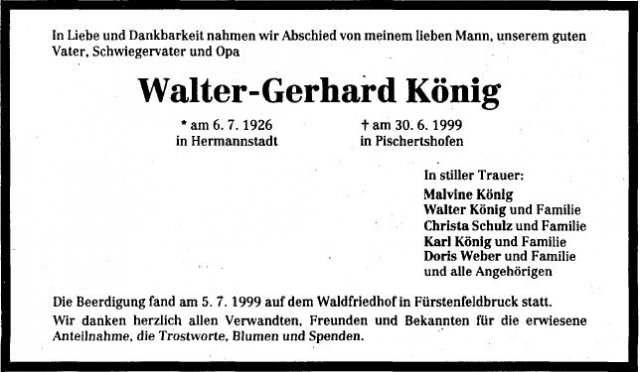 Koenig Walter Gerhard 1926-1999 Todesanzeige